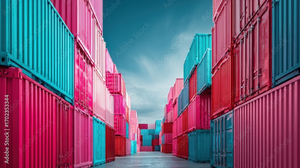 Fototapeta premium Vibrant Shipping Containers Stacked High, Logistics and Global Trade Industry with Sky Background