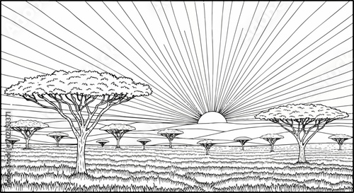 Hand-Drawn African Savannah Landscape Illustration, Ideal for Coloring Books, Educational Materials, and Wildlife Conservation Awareness Campaigns