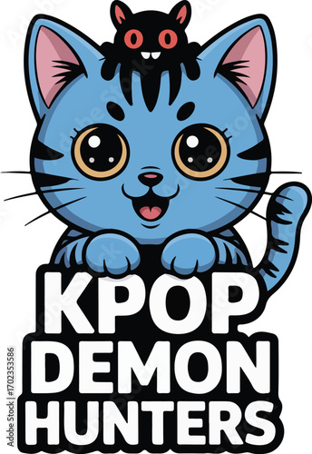 Cute Blue Cat with Demon Hat – “KPOP Demon Hunters” Cartoon Illustration