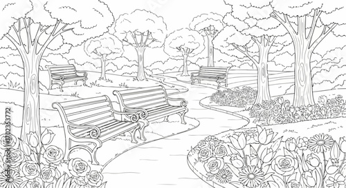 Serene Park Illustration: Relaxing Outline Scene for Adult Coloring Books, Stress Relief, and Creative Artistic Expression