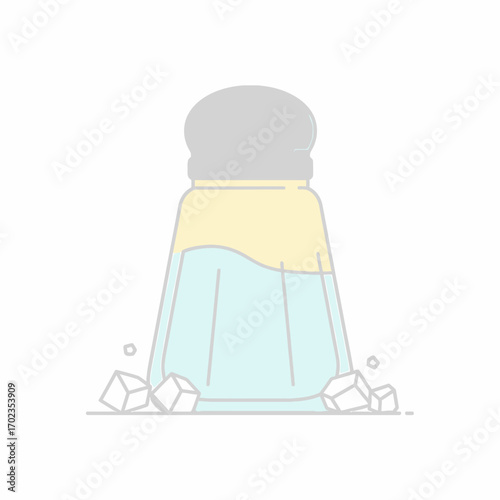 A minimalist illustration of a salt shaker with a light blue liquid and a grey cap, surrounded by scattered salt crystals.