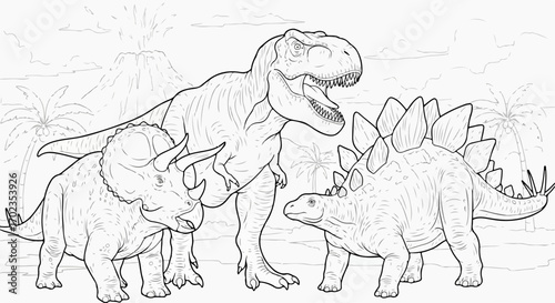 Outlined Prehistoric Dinosaurs Illustration, Perfect for Children's Coloring Books, Educational Materials, and Paleontology-Themed Designs