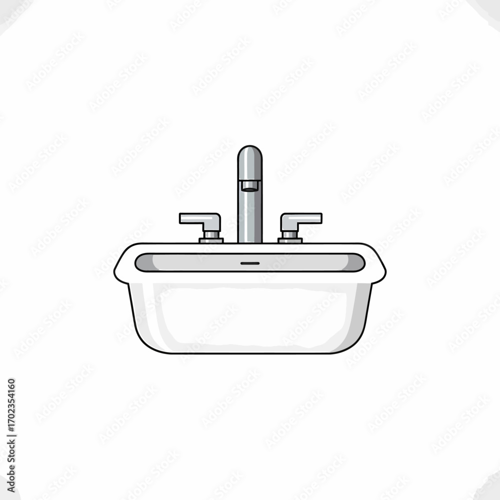 Fototapeta premium A clean white bathroom sink with a modern chrome faucet and two handles, isolated on a white background.