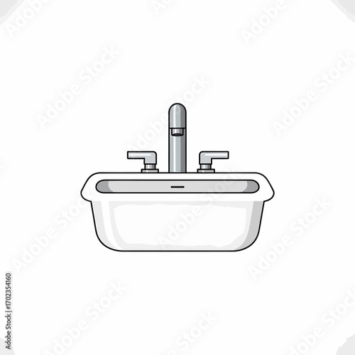A clean white bathroom sink with a modern chrome faucet and two handles, isolated on a white background.