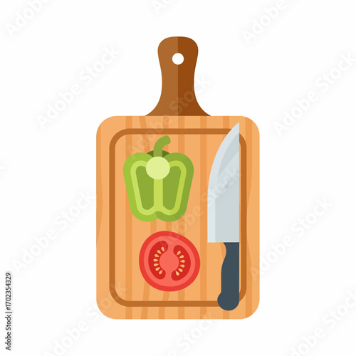 A wooden cutting board with a green bell pepper half and a sliced red tomato, alongside a sharp kitchen knife, ready for food preparation.