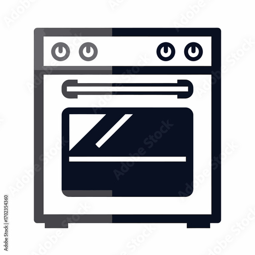 A stylized illustration of a kitchen oven with a closed door and control knobs on top, depicted in dark and light shades.