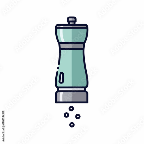 Simple illustration of a teal-colored pepper grinder with peppercorns dispersing.