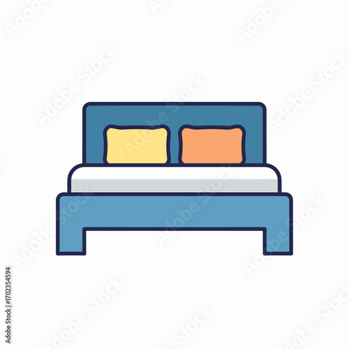 A colorful flat line icon of a blue double bed with yellow and orange pillows.