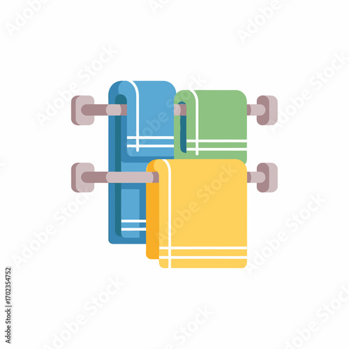 Three colorful towels, blue, green, and yellow, neatly folded and hanging on two wall-mounted racks, depicted in a clean flat design illustration.