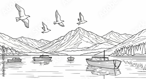 Serene Lake Landscape with Boats and Birds Illustration, Perfect for Coloring Books, Wall Art, and Relaxation Themes, Ideal for Adults and Children