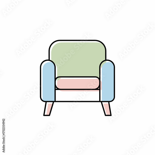 Minimalist illustration of a pastel-colored armchair with a green backrest, blue armrests, and a pink seat cushion, outlined in black.