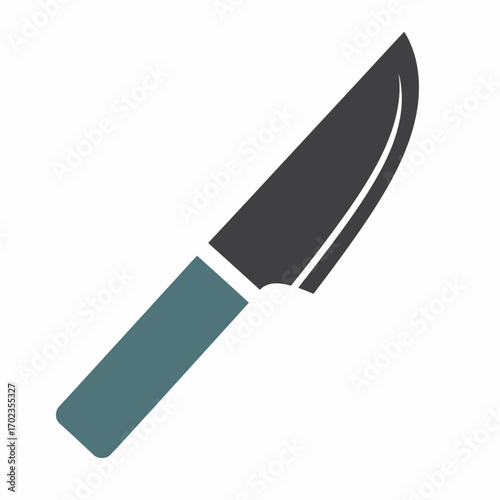 A stylized, minimalist illustration of a sharp kitchen knife with a dark gray blade and a teal handle, presented against a clean white background.