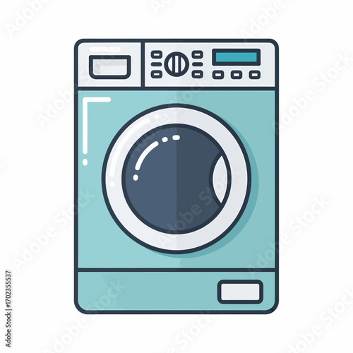 A modern light blue front-loading washing machine with a circular door and detailed control panel, isolated on white.
