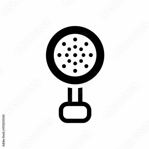 A minimalist black line icon of a kitchen skimmer, a utensil with a perforated circular head and a short handle, isolated on a white background.