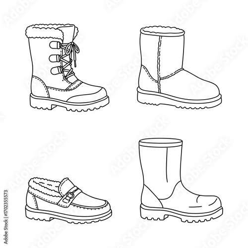 Collection of Winter fashion themed icons, including Snow boots, Ugg boots, Fur-lined loafers, Waterproof boots