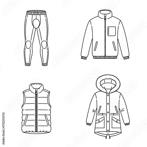 Collection of Winter fashion themed icons, including Thermal underwear, Fleece jacket, Down vest, Parka with fur hood