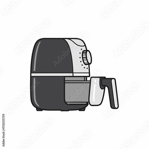 Air fryer illustration, kitchen appliance, cooking device,  basket removed,  grey and black.