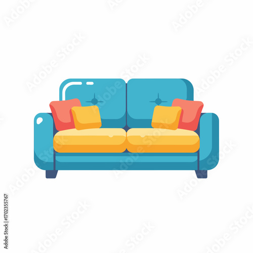 A vibrant flat design illustration of a contemporary blue two-seater sofa adorned with bright yellow and orange throw pillows.