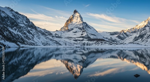 Lake in Switzerland reflecting snowy Alps.