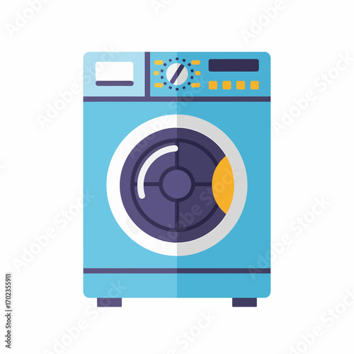 A light blue front-loading washing machine with a digital display and control dial.