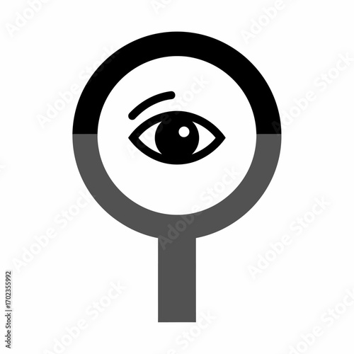 Eye within a magnifying glass, symbolizing observation, scrutiny, or investigation.