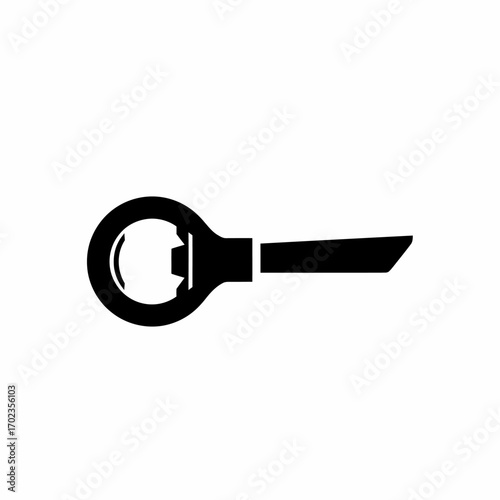 A minimalist black vector icon of a classic bottle opener with a handle, isolated on a plain white background.
