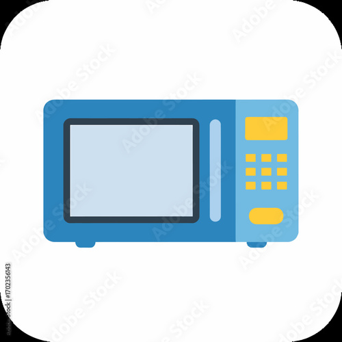 A modern blue microwave oven with a clear glass door and a yellow control panel featuring buttons and a digital display.