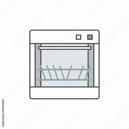A simple, clean illustration of an open white dishwasher with its rack extended, showcasing its interior mechanism for cleaning dishes.