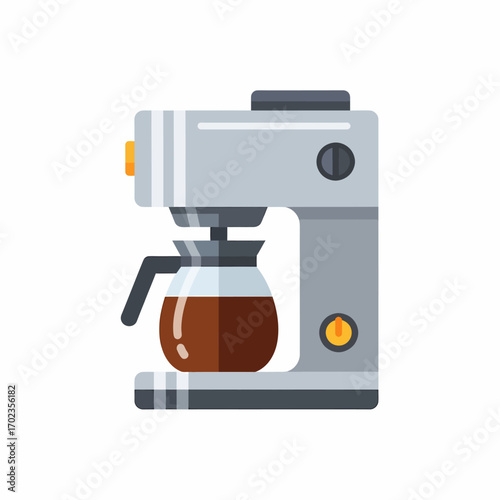 A flat design vector icon of a drip coffee maker with a full glass pot of freshly brewed coffee.