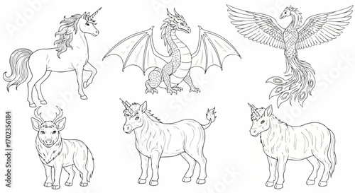 Mythical Creatures Line Art Collection for Fantasy Coloring Books and Creative Projects, Suitable for Digital and Print Media, Inspiring Imagination and Artistic Expression