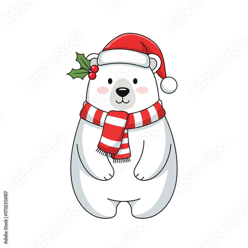 Adorable polar bear wearing Santa hat and scarf, ready for winter holidays