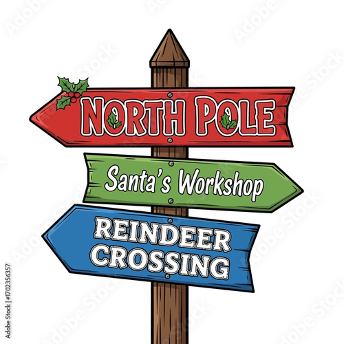 Holiday signpost pointing to North Pole, Santa's Workshop, and Reindeer Crossing