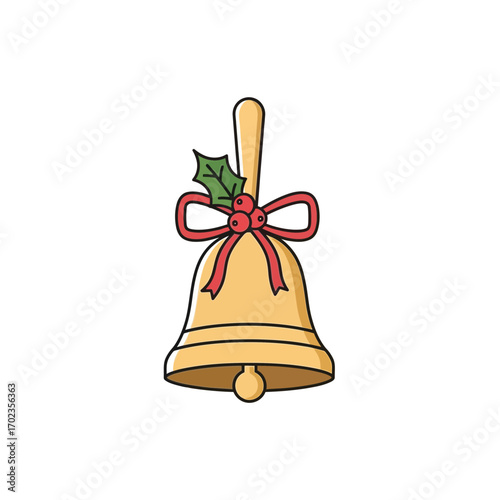 Festive Christmas bell with holly and ribbon, perfect for holiday designs and greetings