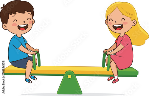 Smiling happy kids playing on colorful seesaw together, children enjoying playground fun, friendship, teamwork, joyful outdoor activity, childhood happiness