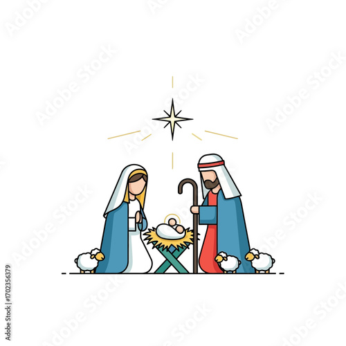 Nativity scene with Mary, Joseph, baby Jesus, star, and sheep in bright, clean design