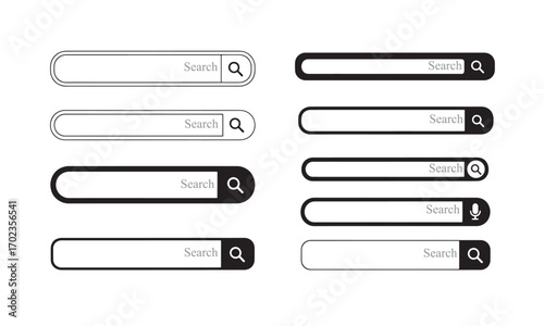 A versatile set of isolated search bar templates with magnifying glass icons, representing a user interface element for website and application query input
