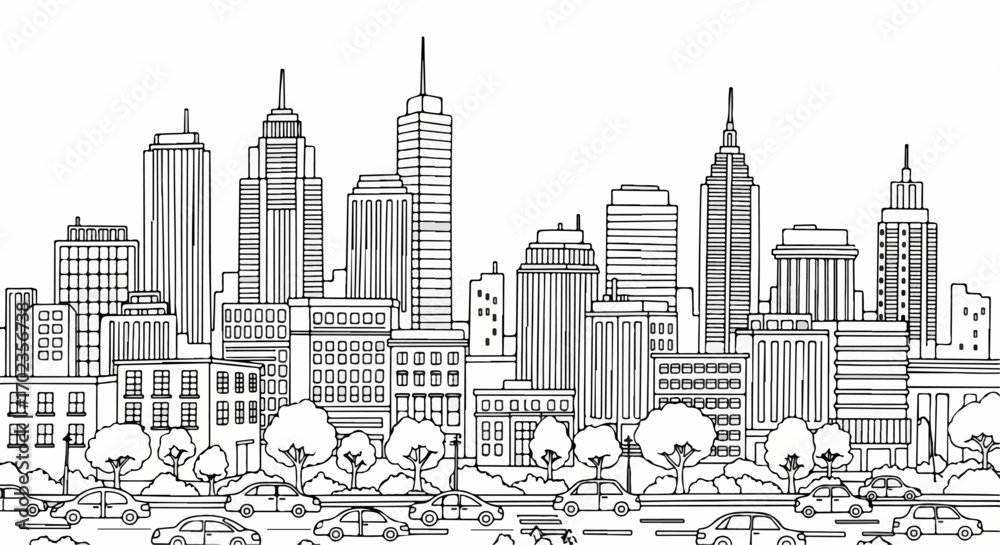 Obraz premium Detailed City Skyline Outline Illustration, Perfect for Coloring Books, Architectural Studies, and Urban Planning Presentations