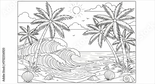 Exquisite Tropical Beach Coloring Page, Ideal for Relaxation, Creative Art Therapy, and Engaging Children's Activity Books, Promoting Calmness and Artistic Expression