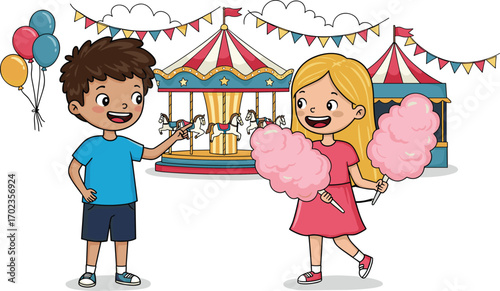Happy kids enjoying carnival fun, boy and girl with cotton candy, colorful carousel, balloons, festive outdoor amusement park, childhood joy