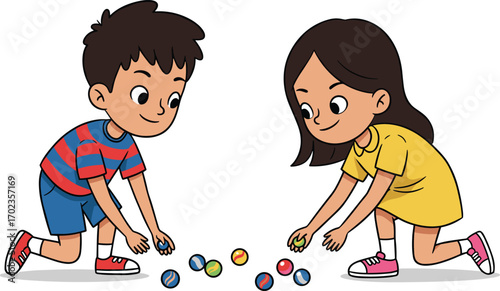 Two happy children playing marbles together outdoors, kids enjoying classic games, colorful marbles, friendship and fun, active childhood playtime