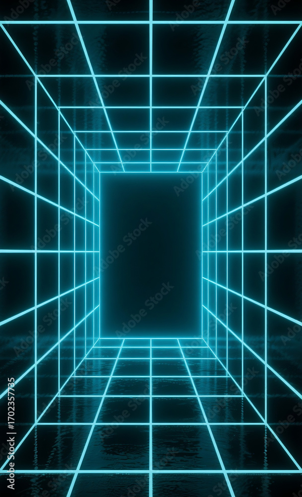 Obraz premium Abstract journey through a futuristic cyberspace corridor with a glowing blue neon grid leading to an infinite digital dimension