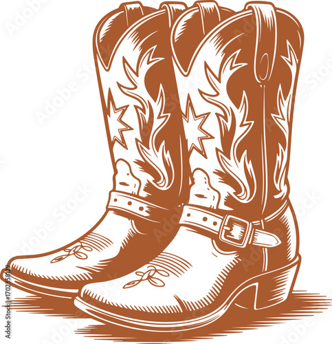 Detailed vector illustration of a pair of stylish cowboy boots, classic western wear