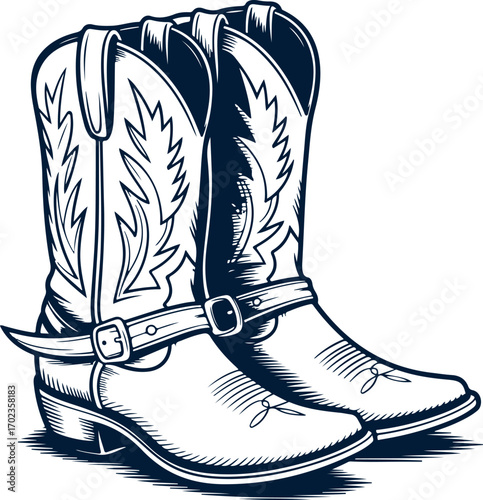 Vintage Style Engraved Illustration of Traditional American Cowboy Boots