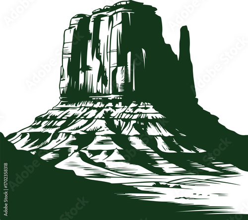 Dramatic western desert landscape with an iconic butte rock formation in a high-contrast graphic style
