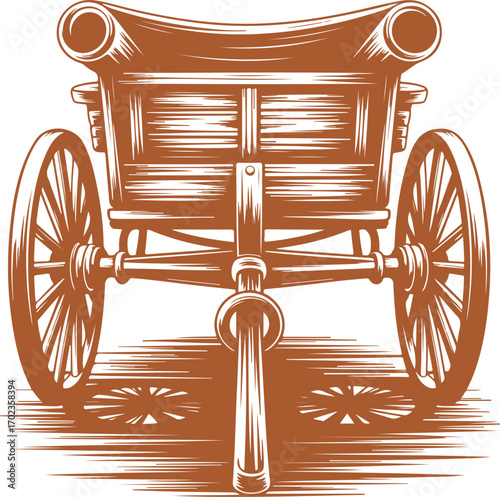 Vintage wooden cart illustration in a traditional woodcut style, showcasing historical transport design