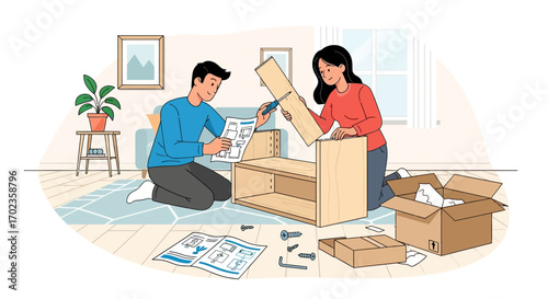 Vector Illustration of People Assembling Furniture in Modern Living Room in Minimalist Style with Neutral Colors