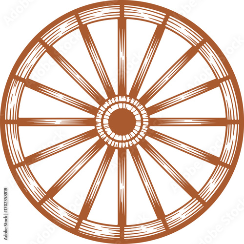 Vintage wooden wagon wheel vector illustration, classic rustic cartwheel for western pioneer themes