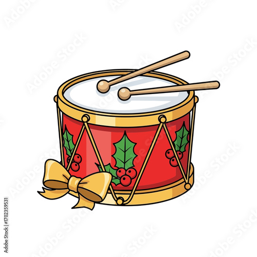 Festive holiday drum with holly and golden bow, perfect for seasonal projects