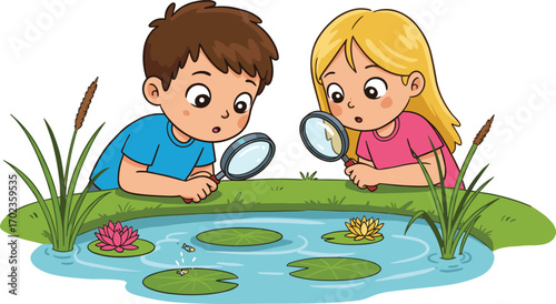 Curious kids exploring nature with magnifying glass near pond, learning about insects, aquatic life, outdoor science activity for children, discovery fun