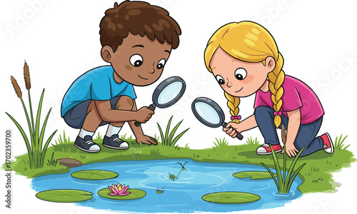 Two curious kids exploring pond life with magnifying glasses, outdoor nature discovery, learning about insects and plants, educational fun activity